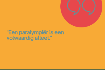 Stelling 'Een paralympiër is een volwaardige atleet' op een achtergrond van covers publicaties