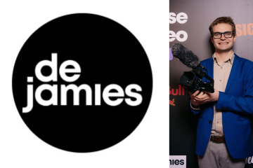 Logo van De Jamies en een foto van ambassadeur Stijn