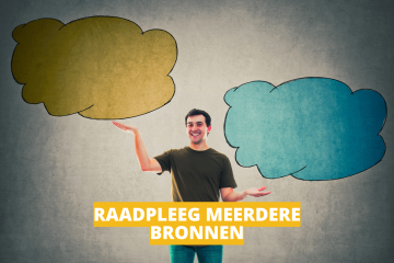 Je ziet een man die twee wolken in balans houdt. Daaronder staat de zin Raadpleeg meerdere bronnen.